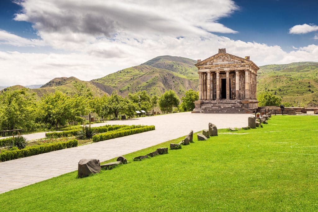 Panoramic view of the Garni Temple - one of the main travel and sightseeing attractions of Armenia, located near Yerevan