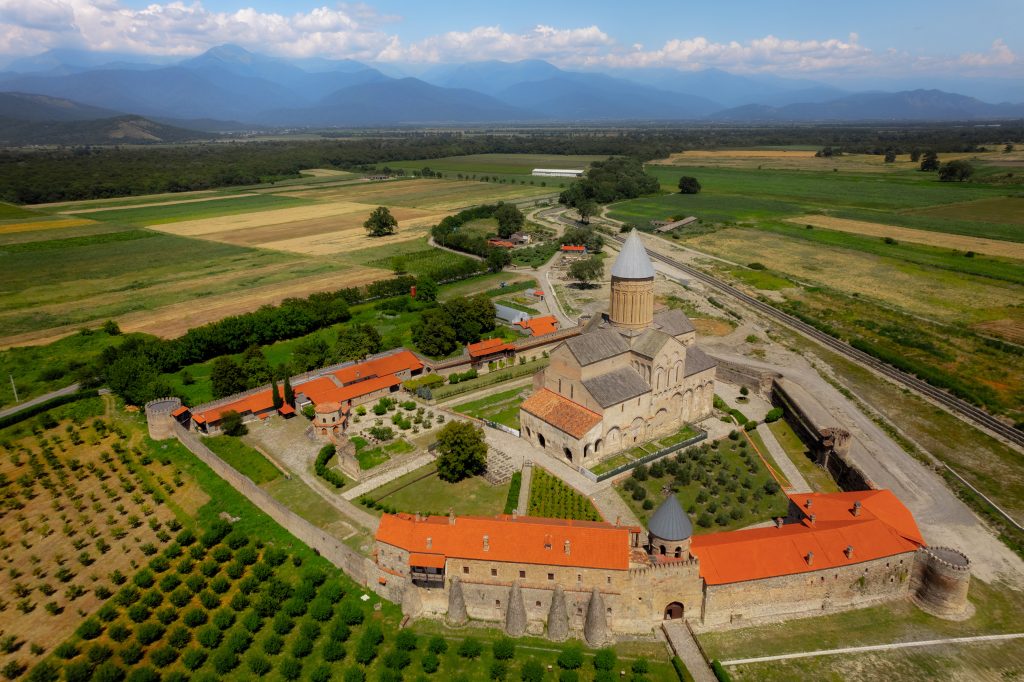Alaverdi Monastery Complex aerial panoramic view in Kakheti, Georgia