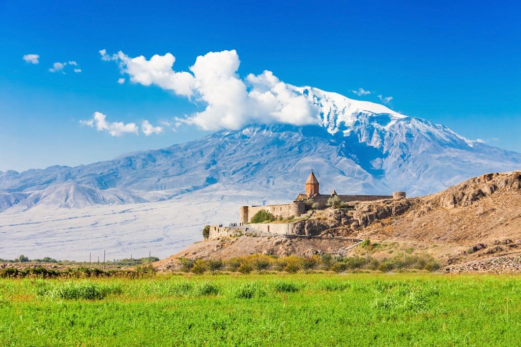 Khor Virap with Mount Ararat in background. The Khor Virap is an Armenian monastery located in the Ararat plain in Armenia.