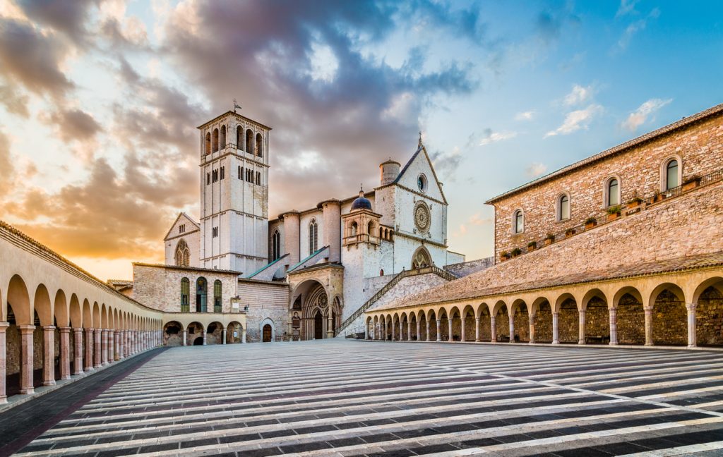 Basilica of St. Francis of Assisi at sunset, Umbria, Italy