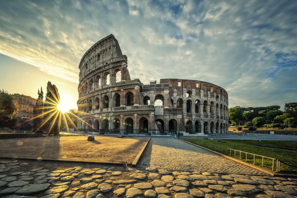 View of Colloseum at sunrise, Italy.